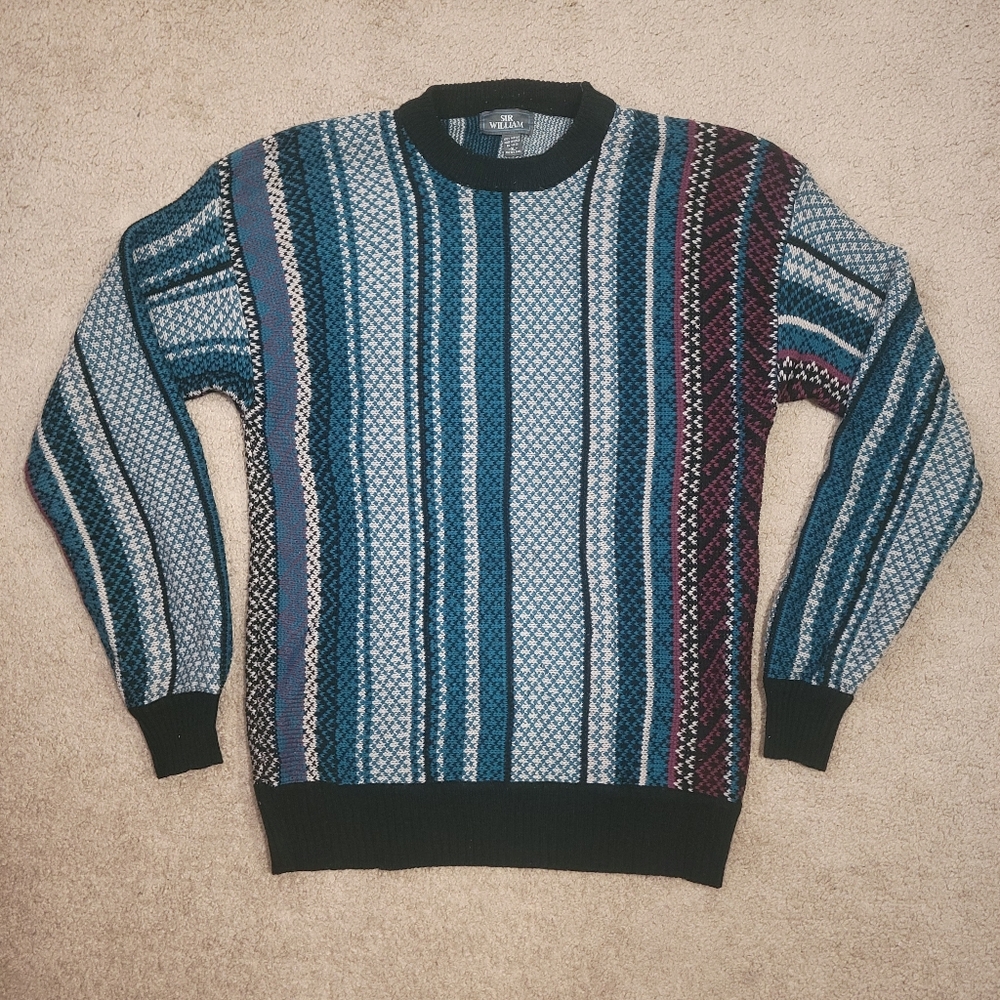 Vintage 80s Sir William Vertical Stripe Knit Sweater XL Gray Teal Asymmetrical